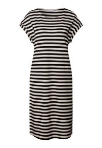 Sukienka w paski z naprzemiennymi czarnymi i kremowymi poziomymi paskami, krótkimi rękawami, okrągłym dekoltem oraz luźnym krojem. Wykonana z miękkiego materiału.