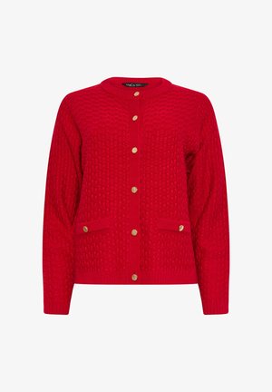 Rode gebreide cardigan met lange mouwen, gouden knopen aan de voorkant en twee zakken aan de voorkant met gouden knopdetails.
