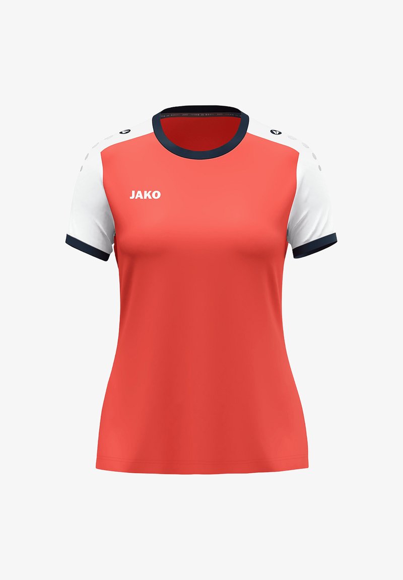 Maillot de sport rouge avec des manches courtes blanches et des accents bleu marine. Présente le logo JAKO sur le devant et un col rond. Texture lisse.