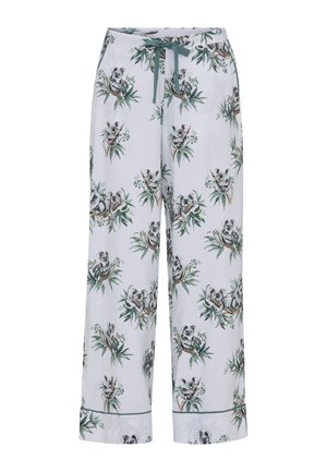 Pantalon de pyjama blanc avec cordon vert, décoré d'un motif répétitif de koalas assis sur des branches d'eucalyptus.