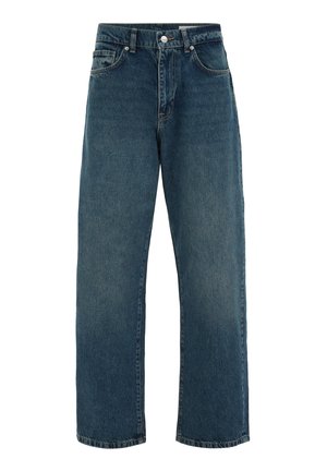 Tumesinised sirgjoonelised teksapüksid eest nupu ja lukuga, viie taskuga ning nähtavate õmblustega õmblustel ja ääritel.