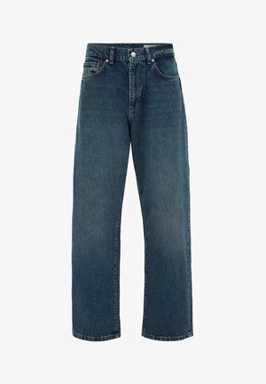 Tumesinised sirgjoonelised teksapüksid eest nupu ja lukuga, viie taskuga ning nähtavate õmblustega õmblustel ja ääritel.