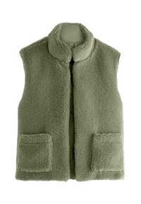 Vest din material fleece, de culoare verde deschis, cu guler înalt și două buzunare frontale aplicate. Textură moale, cu un design deschis fără nasturi.