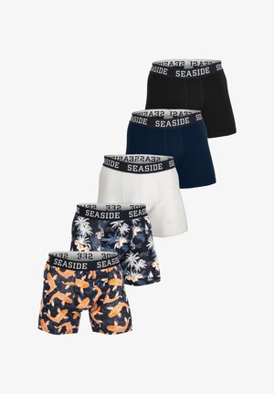 Cinq paires de boxers pour hommes : noir, marine, blanc et à motifs tropicaux avec des poissons oranges, dotés d'une ceinture de marque.