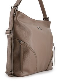 Brown leather handbag with a textured finish. Features a shoulder strap, zippered pockets, and curved edges for a soft silhouette.