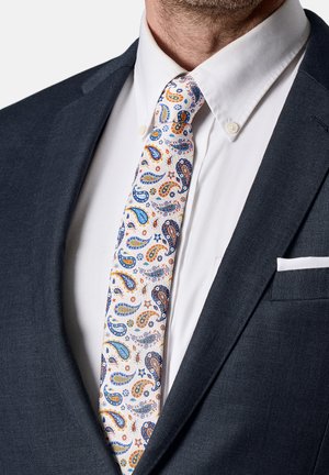 Man wearing dark suit jacket and white shirt with a white tie featuring blue, orange, and yellow paisley patterns.