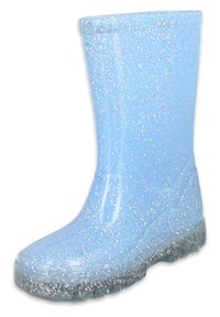 Botte de pluie en glitters bleu clair, fabriquée en matériau transparent, avec une surface lisse, un bout arrondi et une semelle texturée pour une adhérence optimale.
