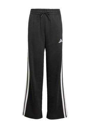 Pantaloni da ginnastica neri Adidas con strisce bianche ai lati e vita elastica con coulisse.