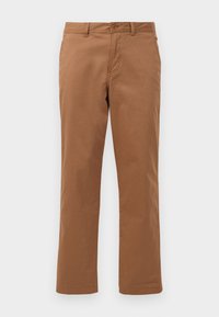 Brown cotton trousers with a straight-leg design, featuring a button closure and front pockets. Smooth texture and clean finish.