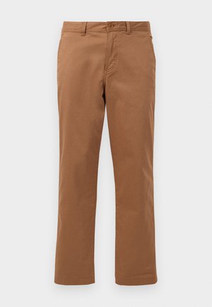 Brown cotton trousers with a straight-leg design, featuring a button closure and front pockets. Smooth texture and clean finish.