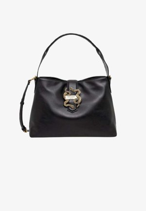 Borsa a mano in pelle nera con una parte superiore curvata, un accento intrecciato in oro con un design a serpente e una tracolla staccabile.