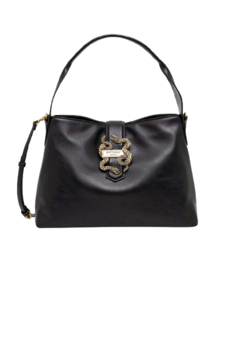 Borsa a mano in pelle nera con una parte superiore curvata, un accento intrecciato in oro con un design a serpente e una tracolla staccabile.