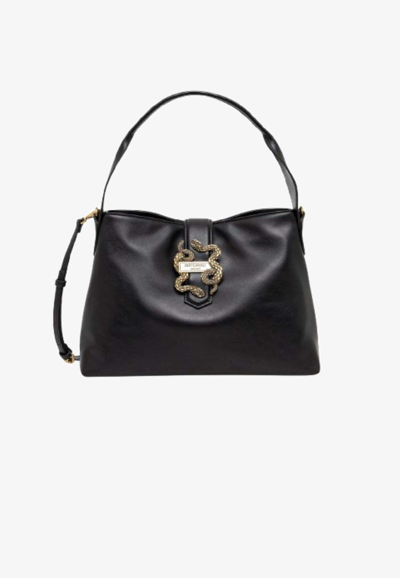 Sac en cuir noir avec un haut arrondi, un accent doré tressé présentant un design de serpent, et une bandoulière amovible.