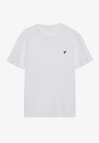 White short-sleeve t-shirt made of cotton, featuring a black bird logo on the left chest area. Classic crew neck design.