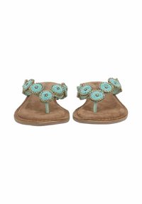 Flade sandaler med en brun suede sål, prydet med turkis perleblomster på stropperne. Åben tå og minimalistisk design.