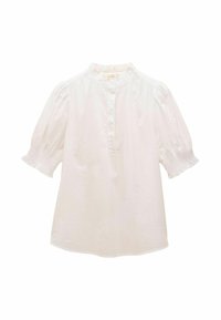 Weißes Baumwollhemd mit hohem Kragen, Puffärmel und gesmokten Manschetten. Mit einer geknöpften Blende und einem lockeren, entspannten Schnitt.