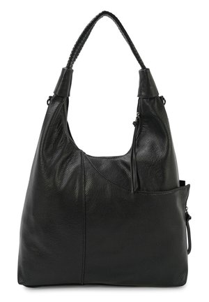 Zwarte leren hobo tas met een gladde textuur, gebogen vorm en een gevlochten handvat. Beschikt over een ritsluiting en een buitenzak.