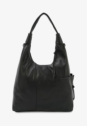 Zwarte leren hobo tas met een gladde textuur, gebogen vorm en een gevlochten handvat. Beschikt over een ritsluiting en een buitenzak.