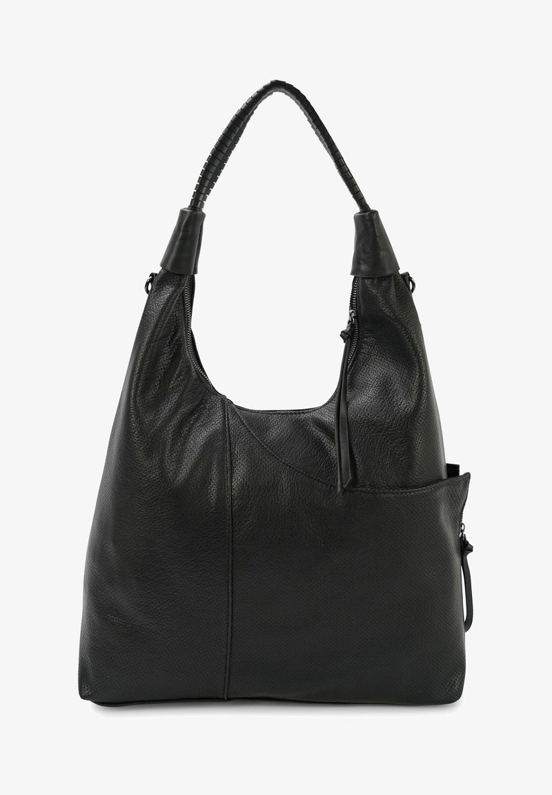 Zwarte leren hobo tas met een gladde textuur, gebogen vorm en een gevlochten handvat. Beschikt over een ritsluiting en een buitenzak.