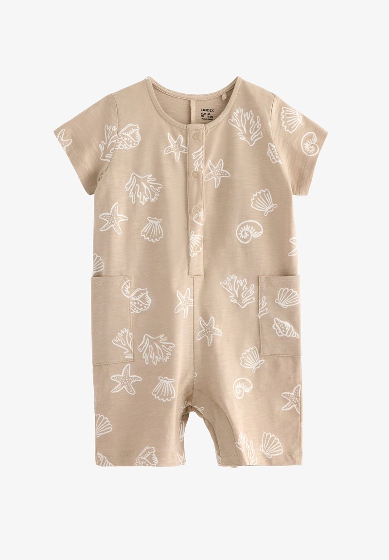 Beige Jumpsuit mit kurzen Ärmeln, das weiße, maritim inspirierte Muster zeigt, zwei seitliche Taschen, eine Knopfleiste und einen lässigen Schnitt hat.