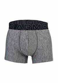 Grå boxerkalsonger med en texturerad mönster. Har en svart midjeresår med "ARMOR"-logotyp. Mjuk, elastisk tyg för komfort.