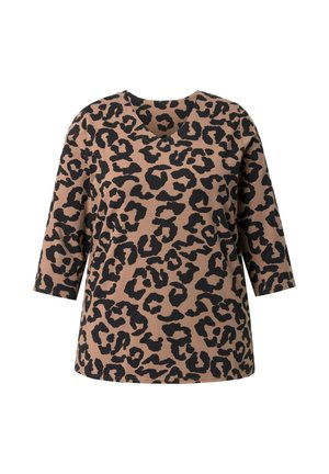 Braunes Langarmoberteil mit schwarzem abstraktem Leopardenmuster und rundem Ausschnitt.
