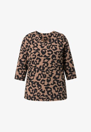 Braunes Langarmoberteil mit schwarzem abstraktem Leopardenmuster und rundem Ausschnitt.