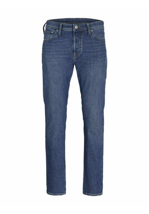 Jean en denim bleus pour hommes avec une coupe droite, un style à cinq poches et une fermeture classique à boutons et à zip.