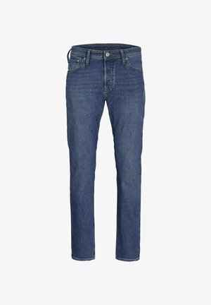 Pánske modré riflové nohavice so strihom rovného nohavice, dizajnom s piatimi vreckami a klasickým zapínaním na gombík a zips.