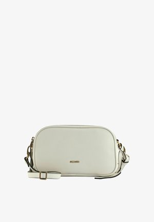 Sac bandoulière rectangulaire en cuir blanc avec quincaillerie dorée, sangle ajustable et petit logo de la marque au centre devant.