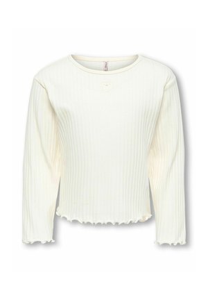 Langærmet hvid cropped top med rib, rund halsudskæring og lille hjerte-design under kraven, med flæsekant på ærmer og kant.