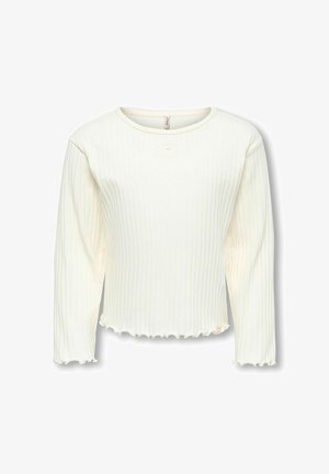 Crop top blanc côtelé à manches longues avec encolure ronde et petit motif cœur sous le col, avec des bords à volants aux manches et à l'ourlet.