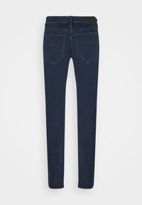 Jeans skinny azul oscuro con una textura suave, que presentan una cintura alta, dos bolsillos traseros y detalles de costura minimalistas.