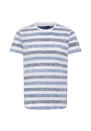 Short-sleeve T-shirt in white with blue and grey horizontal stripes. Soft cotton material with a crew neckline and straight hem.