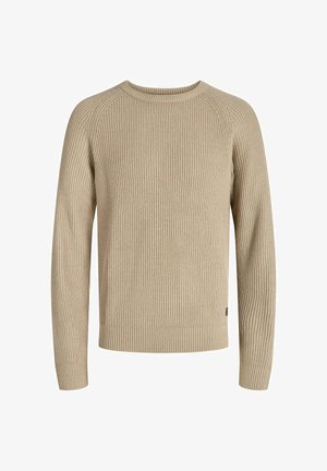 Maglione beige a coste con maniche lunghe, scollatura a girocollo e taglio dritto. Presenta un sottile etichetta con logo sul lato inferiore.
