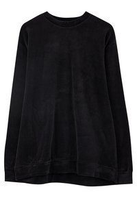 Sweat-shirt noir en velours à manches longues, col rond, coupe décontractée avec poignets et ourlet côtelés.
