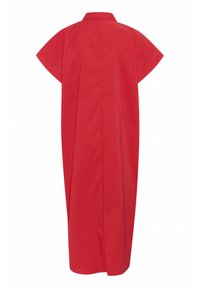 Abito rosso, lungo fino al ginocchio, con colletto, maniche corte e vestibilità morbida, realizzato in un tessuto liscio con dettagli minimi sul retro.