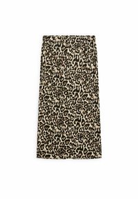 Bleistiftrock im Leopardenmuster mit beige Hintergrund und schwarzen sowie braunen Flecken, aus dehnbarem Stoff und mit elastischem Bund.