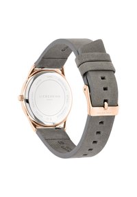 Roségoldene Edelstahl-Armbanduhr mit einem grauen, strukturierten Lederarmband. Sie verfügt über ein rundes Zifferblatt und eine verstellbare Schnalle mit Markenname.