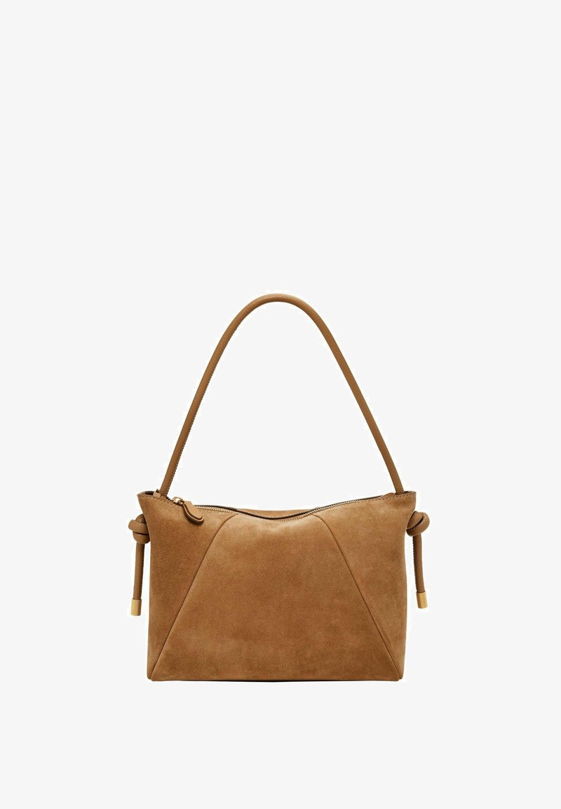 Brown suede handbag with a curved zip closure, featuring a single shoulder strap and knotted accents on the sides. Textured surface with geometric design.