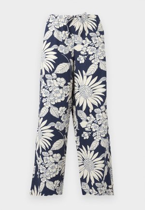 Παντελόνι σκούρο μπλε με φαρδιά μπατζάκια, λευκά λουλουδένια και φυλλώδη σχέδια και ελαστική μέση με κορδόνι.