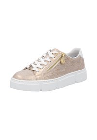 Metallisch beige Sneaker mit weißen Schnürsenkeln, Reißverschlussdetails und geprägtem Muster. Klobige weiße Sohle. Strukturierte Oberfläche des Obermaterials.