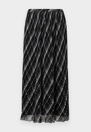 Fustă plisată neagră cu un model diagonal alb și gri, realizată dintr-un material moale și ușor, având o talie elastică.