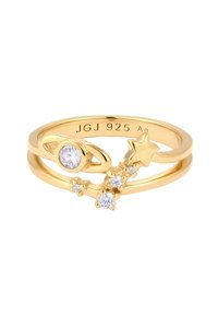 Goldfarbener Ring mit einem Planetendesign und einem zentralen Kristall, geschmückt mit kleinen Sternen und Kristallen, auf einem glatten Band.