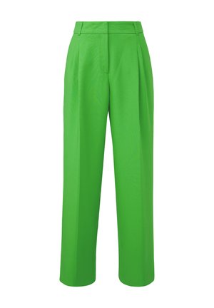 Groene geplooide broek met hoge taille, rechte pijpen, gemaakt van lichtgewicht stof, met een zachte textuur en geen zichtbare hardware.