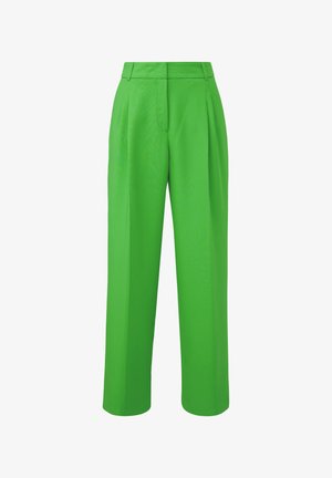 Green pleated pants with a high waist, straight leg design, made of lightweight fabric, featuring smooth texture and no visible hardware.