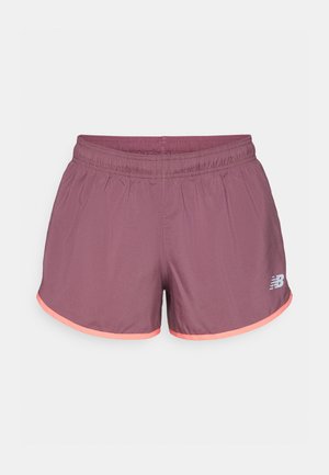 Lillasest athletic shorts elastse vöödiga ja roosa äärega, millel on väike valge "NB" logo alumisel paremal jalal.