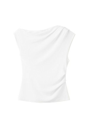 Top alb fără mâneci cu decolteu drapat și detaliu adunat pe o parte, văzut din spate.