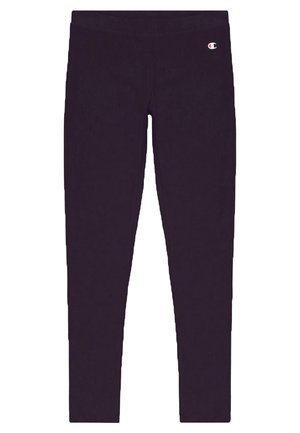 Black leggings made of stretchy fabric with a smooth texture. Features a logo patch on the waistband and a fitted design. No pockets.