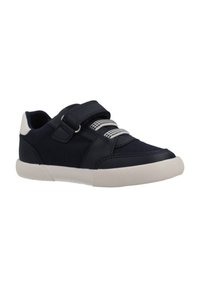 Sneaker blu navy realizzati in tessuto canvas e materiali sintetici, con una fascia in Velcro e lacci elastici, dotati di una suola in gomma bianca.